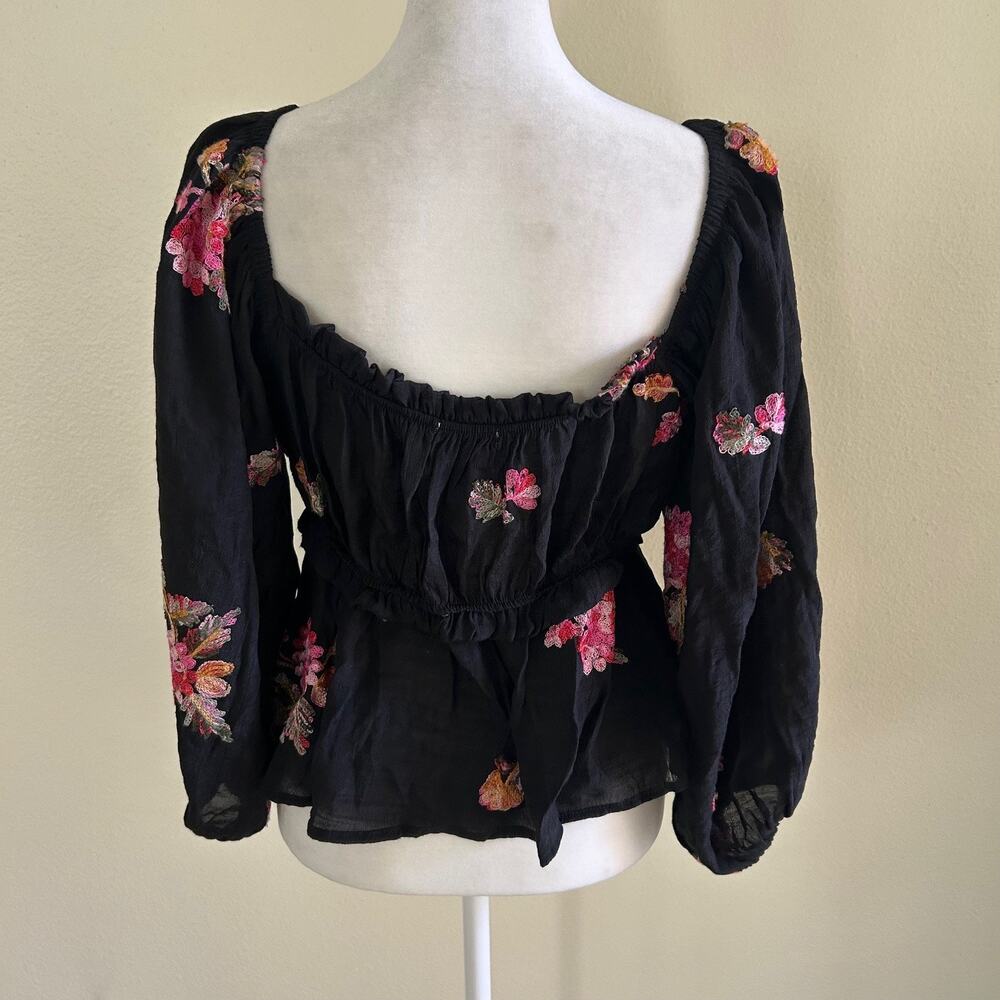 Wild Moss Crop Top L Black Floral Embroidered Boho Babydoll Peasant Festival Y2k - Picture 3 of 8